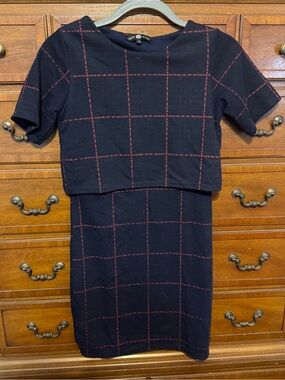 Daisy Street Navy Windowpane Plaid Midi Dress XS UK 6 Y2K Preppy Academia 90s